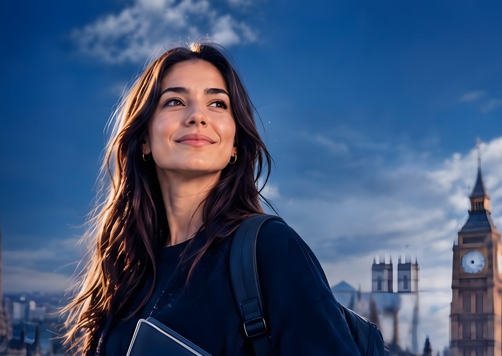 Profissional com mochila e laptop em Londres com Big Ben ao fundo