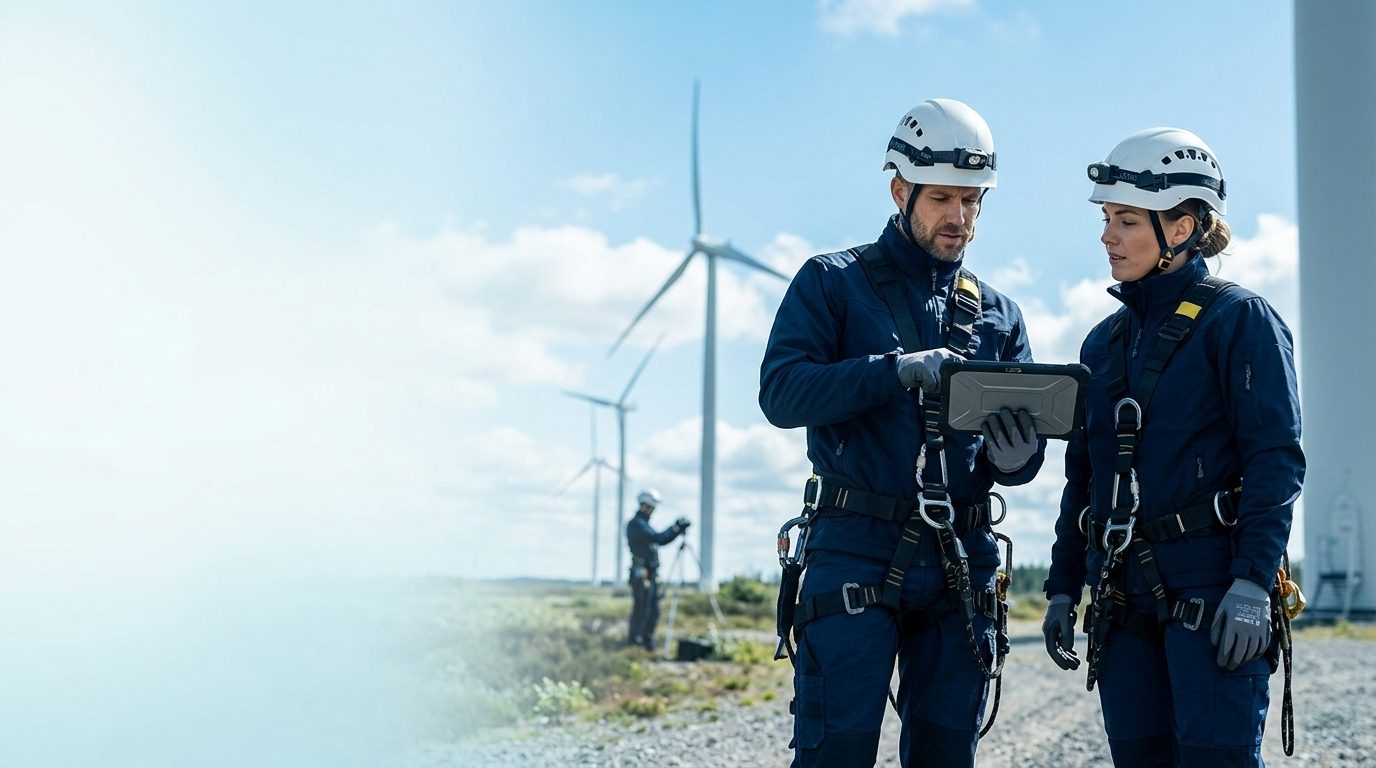 Dois técnicos de acesso por corda, de capacete branco e uniforme azul-marinho, consultando um tablet em um parque eólico