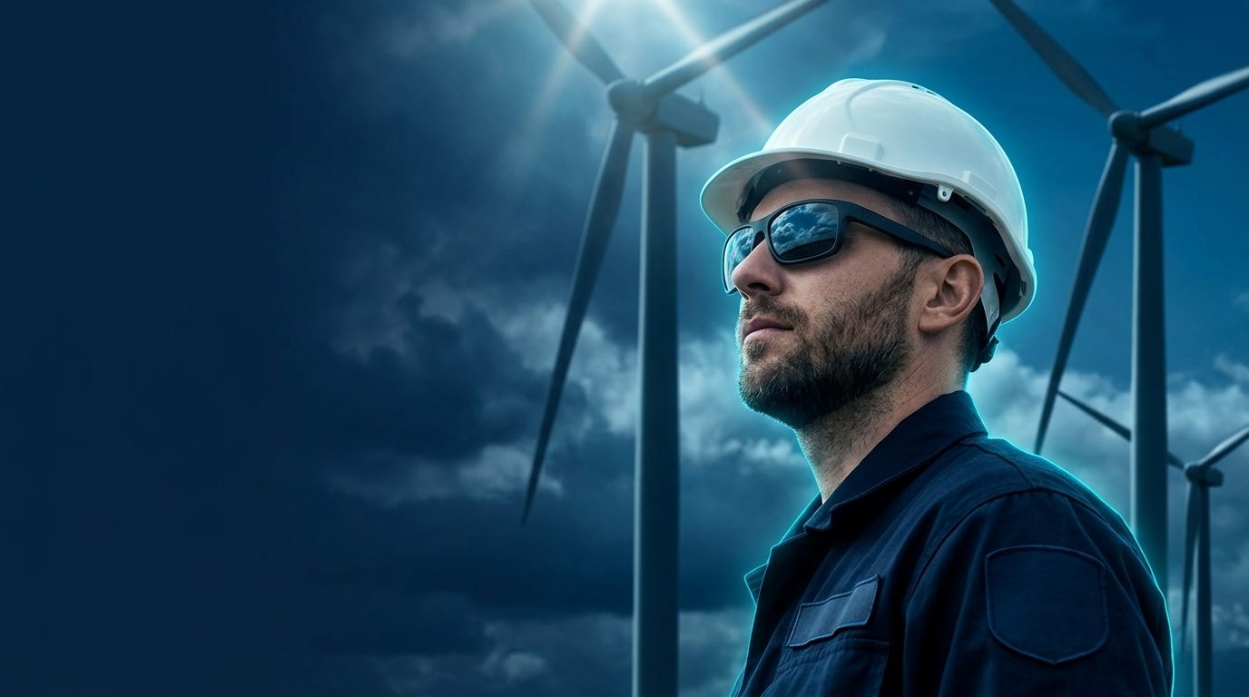 Técnico de energia eólica de capacete branco e óculos escuros olhando para o horizonte, com turbinas eólicas e céu dramático ao fundo