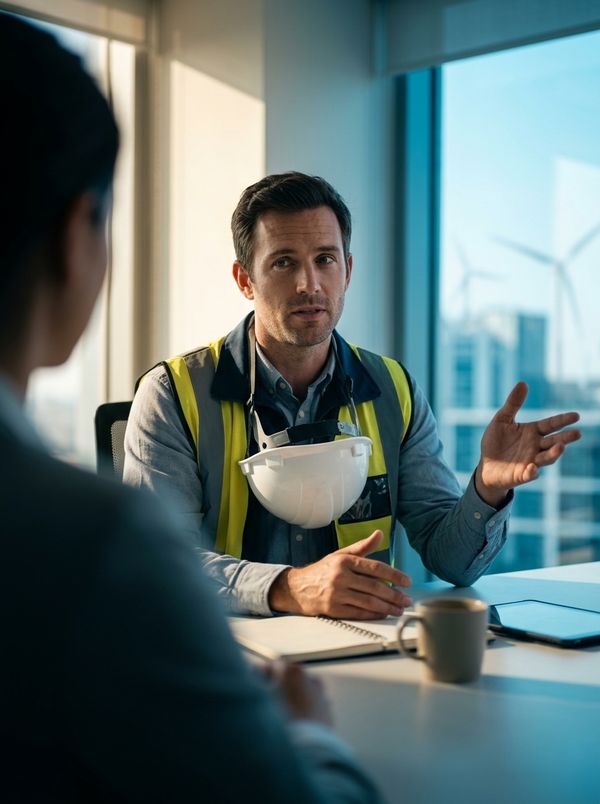 Técnico de colete refletivo e capacete na mão conversando em uma entrevista, com turbinas eólicas vistas pela janela
