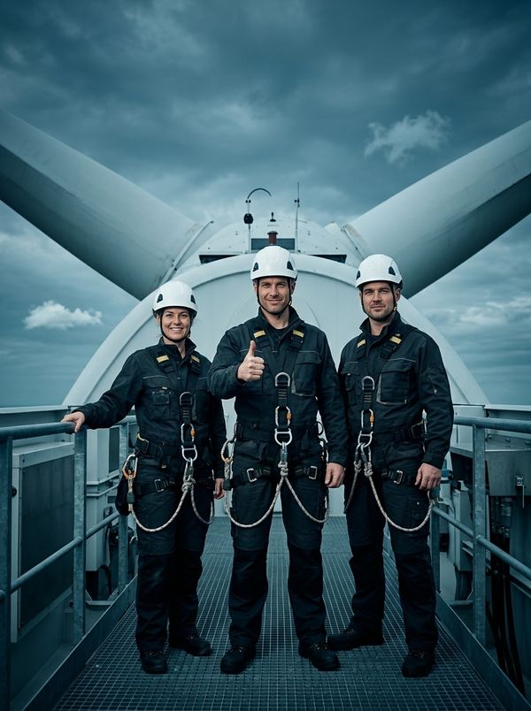 Equipe de três técnicos de acesso por corda, com capacete e cinto de segurança, no alto de uma turbina eólica