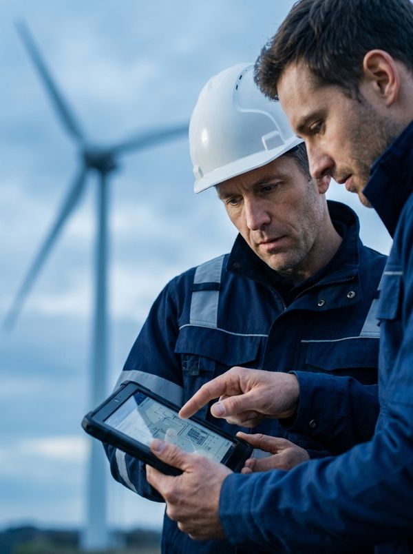 Técnico de capacete branco e supervisor analisando juntos um tablet em frente a uma turbina eólica