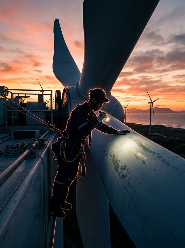 Técnico de acesso por corda inspecionando com lanterna a pá de uma turbina eólica ao pôr do sol